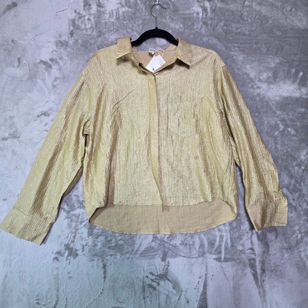 Ying Piao Gold Metallic Crinkle Glitter Button Down Shirt Size L XL 5804